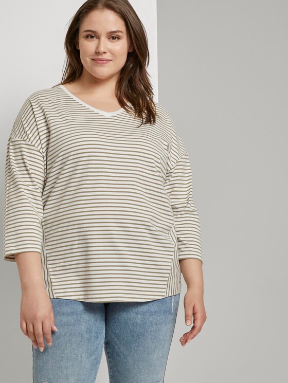 Gestreiftes Shirt mit 3/4-Arm - Frauen - khaki ecru horizontal stripe Gestreiftes Shirt mit 3/4-Arm - Frauen - khaki ecru horizontal stripe - 5 - My True Me