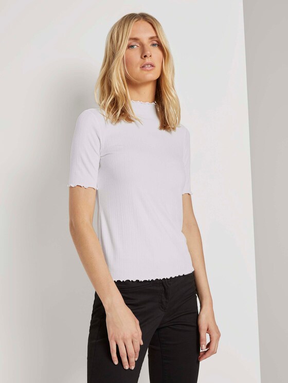 Geripptes T-Shirt mit Stehkragen - Frauen - Whisper White Geripptes T-Shirt mit Stehkragen - Frauen - Whisper White - 1 - TOM TAILOR