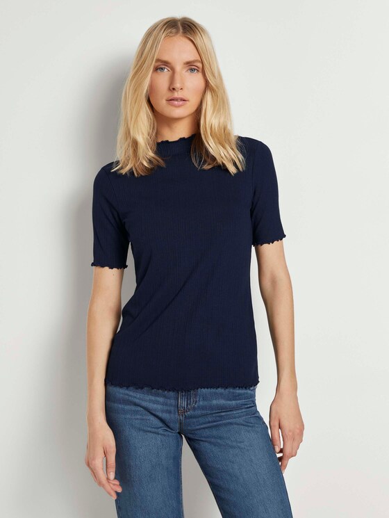 Geripptes T-Shirt mit Stehkragen - Frauen - Sky Captain Blue Geripptes T-Shirt mit Stehkragen - Frauen - Sky Captain Blue - 1 - TOM TAILOR