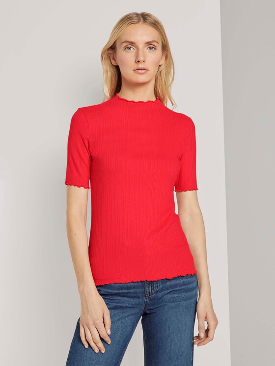 Geripptes T-Shirt mit Stehkragen - Frauen - Strong Red Geripptes T-Shirt mit Stehkragen - Frauen - Strong Red - 1 - TOM TAILOR