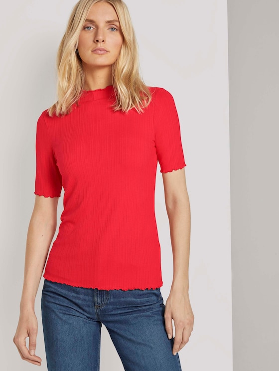 Geripptes T-Shirt mit Stehkragen - Frauen - Strong Red Geripptes T-Shirt mit Stehkragen - Frauen - Strong Red - 5 - TOM TAILOR