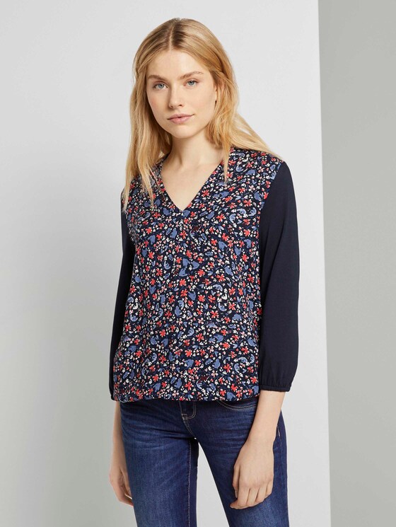 Gemustertes Shirt im Materialmix - Frauen - navy flower design Gemustertes Shirt im Materialmix - Frauen - navy flower design - 1 - TOM TAILOR