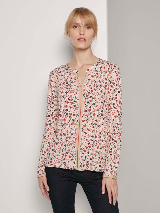 Gemustertes Henley-Shirt mit Tape-Einsatz - Frauen - beige flower design Gemustertes Henley-Shirt mit Tape-Einsatz - Frauen - beige flower design - 1 - TOM TAILOR
