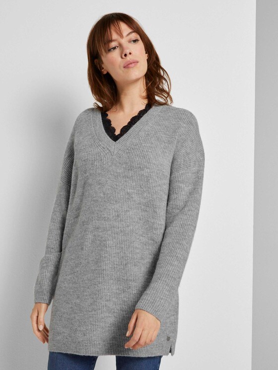 Langer Pullover mit Spitze - Frauen - Light Silver Grey Mélange Langer Pullover mit Spitze - Frauen - Light Silver Grey Mélange - 1 - TOM TAILOR Denim