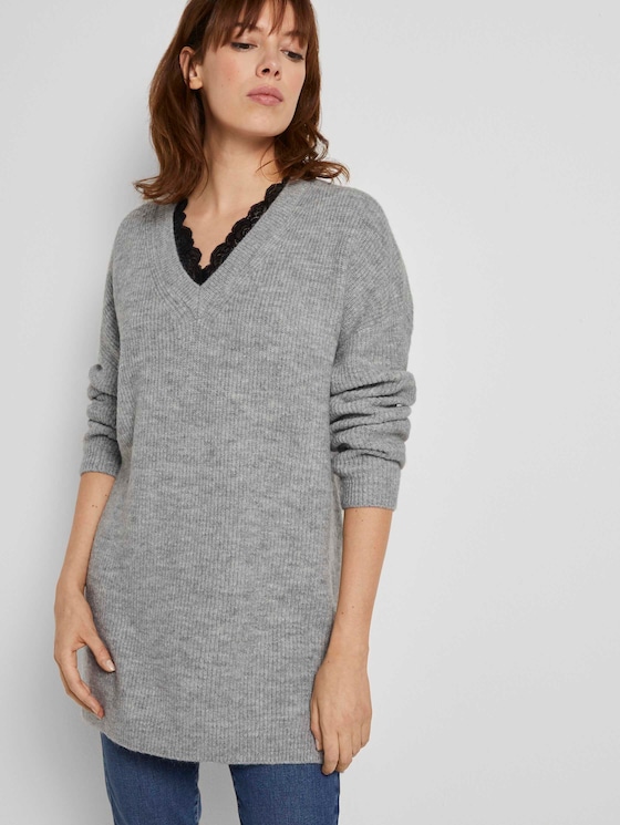 Langer Pullover mit Spitze - Frauen - Light Silver Grey Mélange Langer Pullover mit Spitze - Frauen - Light Silver Grey Mélange - 5 - TOM TAILOR Denim