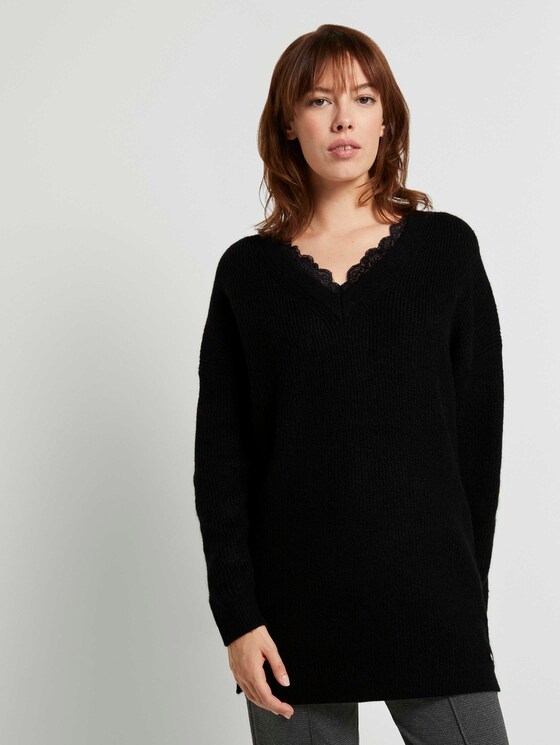 Langer Pullover mit Spitze - Frauen - Deep Black Langer Pullover mit Spitze - Frauen - Deep Black - 1 - TOM TAILOR Denim