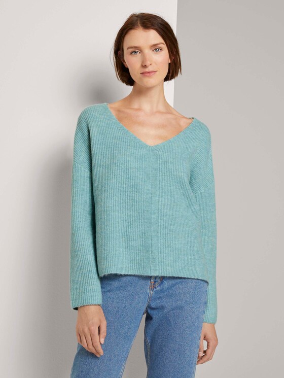 Strukturierter Pullvoer mit V-Ausschnitt - Frauen - mineral stone blue melange Strukturierter Pullvoer mit V-Ausschnitt - Frauen - mineral stone blue melange - 1 - TOM TAILOR Denim