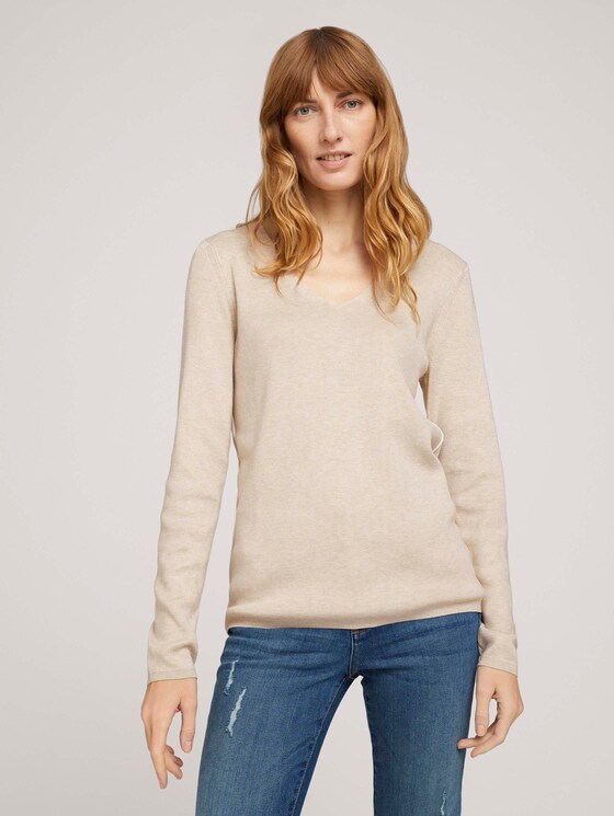 Pullover mit Kontraststreifen - Frauen - beige alfalfa melange Pullover mit Kontraststreifen - Frauen - beige alfalfa melange - 1 - TOM TAILOR