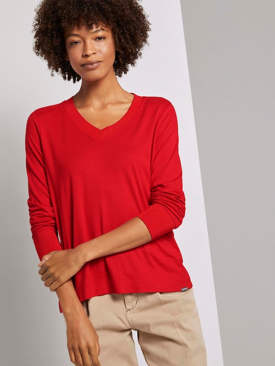 Fließendes Shirt mit Ripp-Bündchen - Frauen - Molten Lava Red Fließendes Shirt mit Ripp-Bündchen - Frauen - Molten Lava Red - 5 - Mine to five