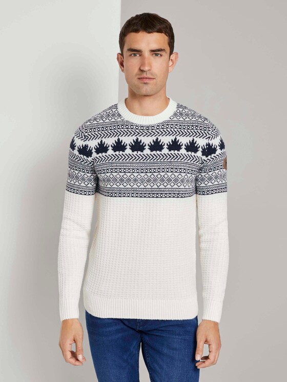 Gemusterter Jacquard-Pullover - Männer - white with navy placed design Gemusterter Jacquard-Pullover - Männer - white with navy placed design - 1 - TOM TAILOR