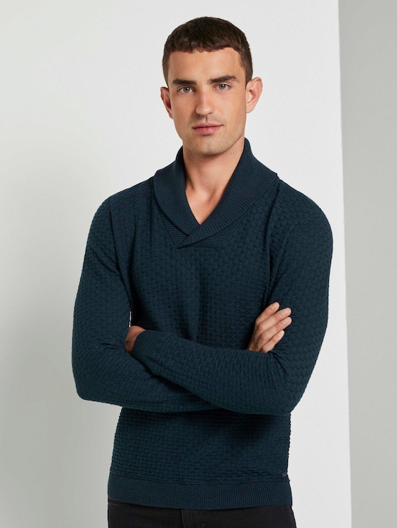 Strukturierter Mouline Pullover mit Schalkragen - Männer - navy green knitted structure Strukturierter Mouline Pullover mit Schalkragen - Männer - navy green knitted structure - 1 - TOM TAILOR