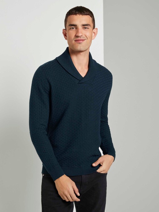 Strukturierter Mouline Pullover mit Schalkragen - Männer - navy green knitted structure Strukturierter Mouline Pullover mit Schalkragen - Männer - navy green knitted structure - 5 - TOM TAILOR
