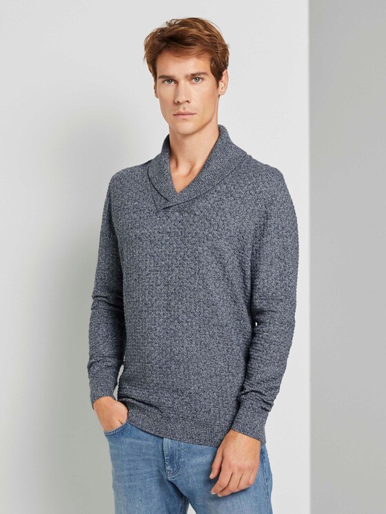 Strukturierter Mouline Pullover mit Schalkragen - Männer - grey navy knitted structure Strukturierter Mouline Pullover mit Schalkragen - Männer - grey navy knitted structure - 1 - TOM TAILOR