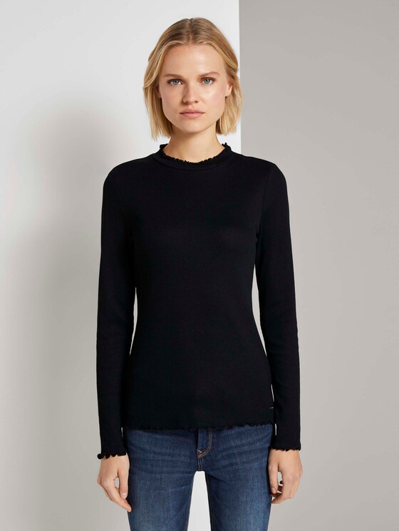 Geripptes Langarmshirt mit Stehkragen - Frauen - Deep Black Geripptes Langarmshirt mit Stehkragen - Frauen - Deep Black - 1 - TOM TAILOR Denim