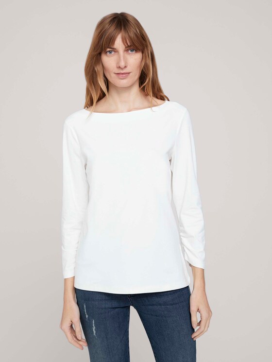 Basic T-Shirt mit gerafften Ärmeln - Frauen - Whisper White Basic T-Shirt mit gerafften Ärmeln - Frauen - Whisper White - 1 - TOM TAILOR