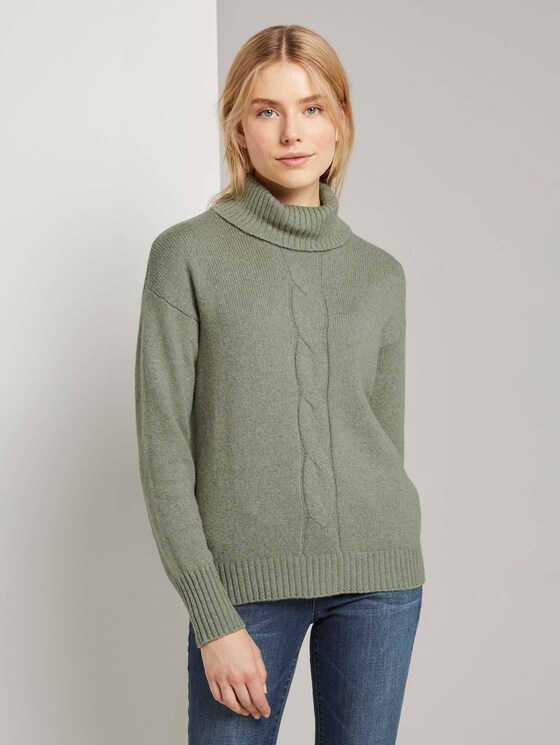 Rollkragenpullover mit Zopfmuster - Frauen - calm green melange Rollkragenpullover mit Zopfmuster - Frauen - calm green melange - 1 - TOM TAILOR