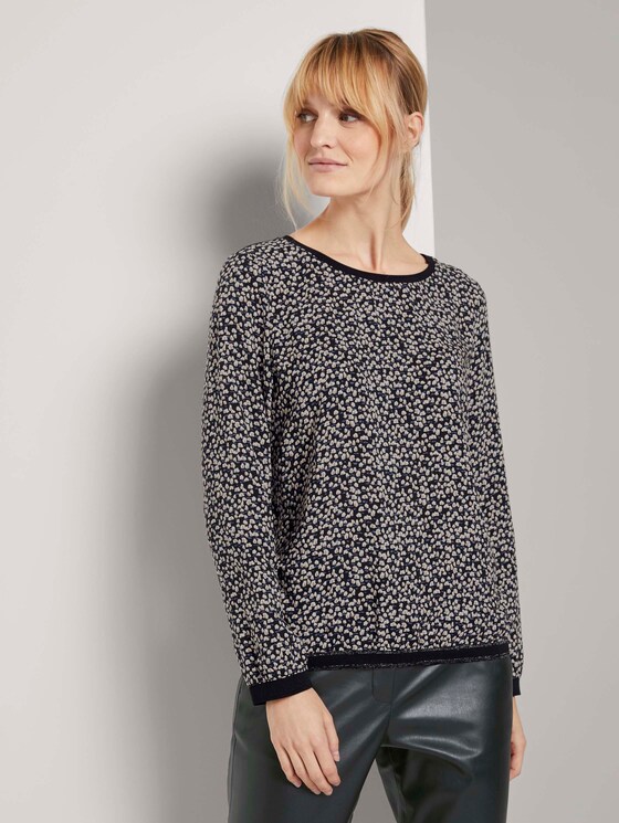 Shirt mit Rippbündchen im Materialmix - Frauen - black tree design Shirt mit Rippbündchen im Materialmix - Frauen - black tree design - 1 - TOM TAILOR