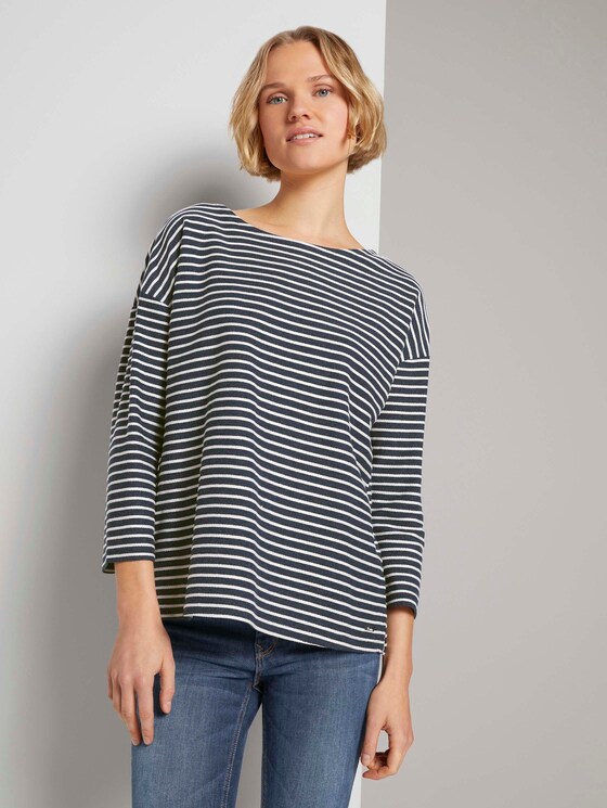 Gestreiftes Shirt mit Schleifendetail - Frauen - blue melange white stripe Gestreiftes Shirt mit Schleifendetail - Frauen - blue melange white stripe - 1 - TOM TAILOR Denim