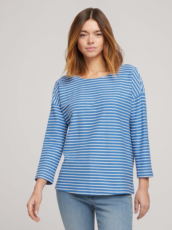 Gestreiftes Shirt mit Schleifendetail - Frauen - mid blue melange white stripe Gestreiftes Shirt mit Schleifendetail - Frauen - mid blue melange white stripe - 1 - TOM TAILOR Denim