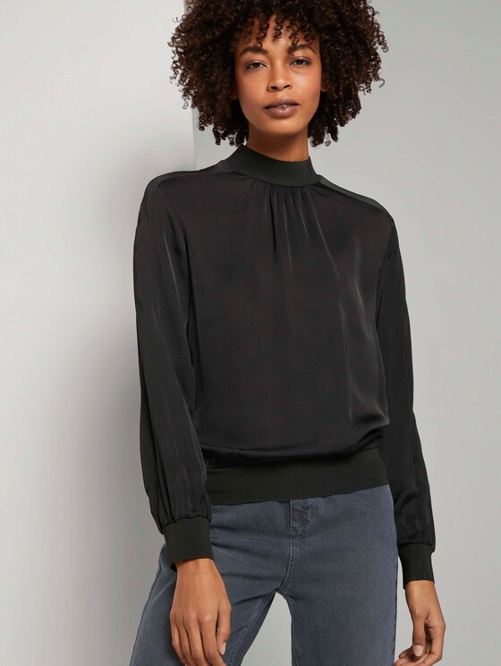 Satin Bluse mit Rippbündchen - Frauen - Deep Black Satin Bluse mit Rippbündchen - Frauen - Deep Black - 5 - Mine to five