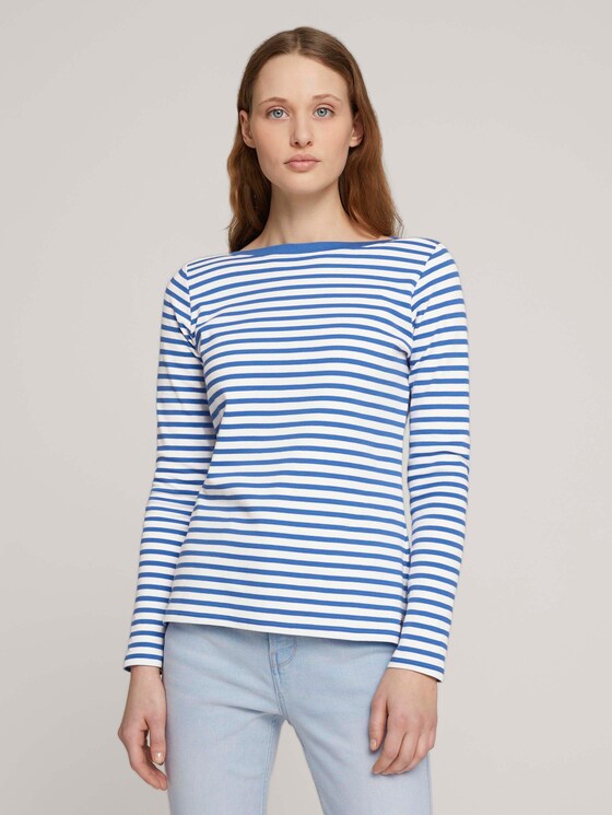 Gestreiftes Langarmshirt mit Bio-Baumwolle - Frauen - mid blue white stripe Gestreiftes Langarmshirt mit Bio-Baumwolle - Frauen - mid blue white stripe - 1 - TOM TAILOR Denim