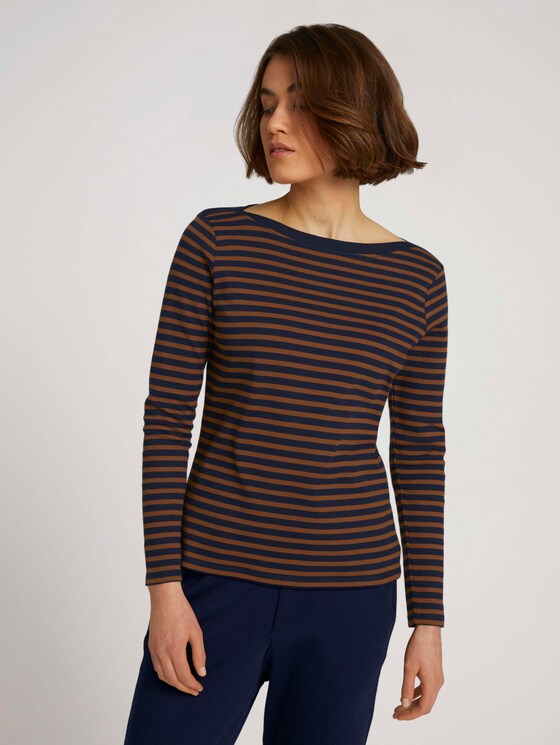 Gestreiftes Langarmshirt mit Bio-Baumwolle - Frauen - blue brown stripe Gestreiftes Langarmshirt mit Bio-Baumwolle - Frauen - blue brown stripe - 1 - TOM TAILOR Denim