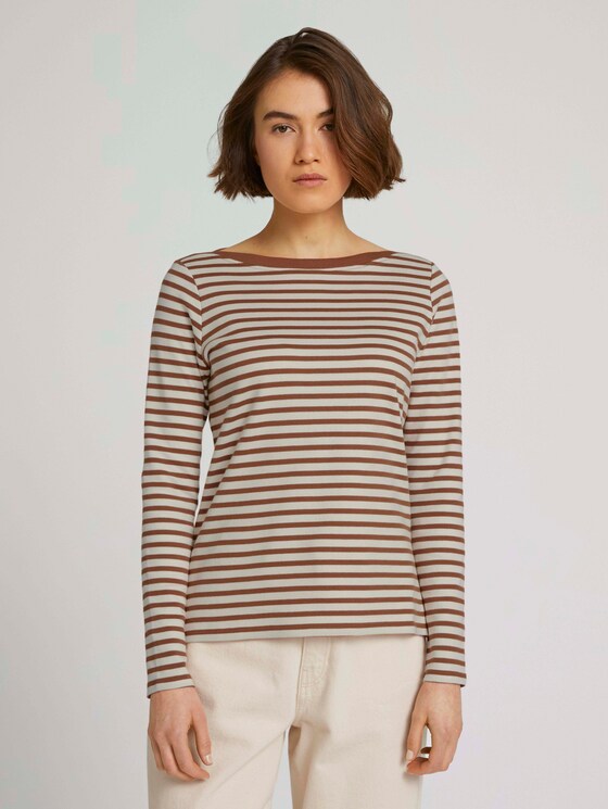Gestreiftes Langarmshirt mit Bio-Baumwolle - Frauen - white brown stripe Gestreiftes Langarmshirt mit Bio-Baumwolle - Frauen - white brown stripe - 1 - TOM TAILOR Denim