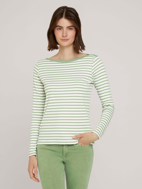 Gestreiftes Langarmshirt mit Bio-Baumwolle - Frauen - green white stripe Gestreiftes Langarmshirt mit Bio-Baumwolle - Frauen - green white stripe - 1 - TOM TAILOR Denim