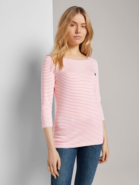 Gestreiftes Shirt mit kleiner Stickerei - Frauen - white peach small stripe Gestreiftes Shirt mit kleiner Stickerei - Frauen - white peach small stripe - 1 - TOM TAILOR