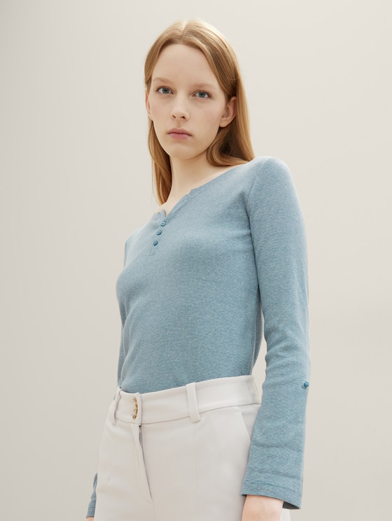 Long-sleeved shirt with turn-up function by Women, green offwhite stripe ck