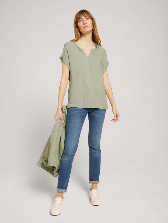 Henley T-Shirt im Materialmix - Frauen - Prairie Grass Green Henley T-Shirt im Materialmix - Frauen - Prairie Grass Green - 3 - TOM TAILOR