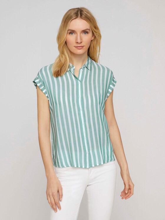Gestreifte Kurzarm Hemdbluse - Frauen - green offwhite vertical stripe Gestreifte Kurzarm Hemdbluse - Frauen - green offwhite vertical stripe - 1 - TOM TAILOR