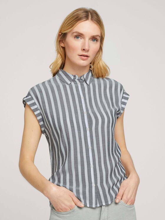 Gestreifte Kurzarm Hemdbluse - Frauen - offwhite navy vertical stripe Gestreifte Kurzarm Hemdbluse - Frauen - offwhite navy vertical stripe - 1 - TOM TAILOR