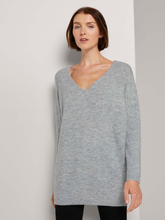 Langer Pullover mit V-Ausschnitt - Frauen - Light Silver Grey Mélange Langer Pullover mit V-Ausschnitt - Frauen - Light Silver Grey Mélange - 1 - TOM TAILOR Denim