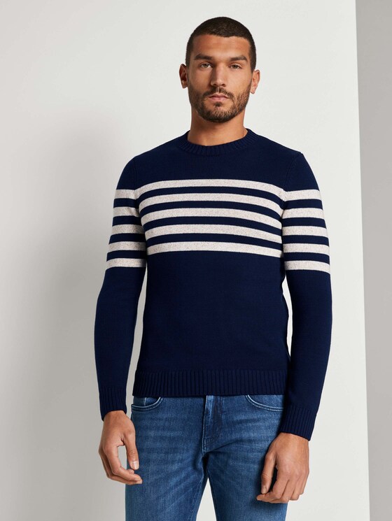 Gestreifter Strickpullover - Männer - navy white placed stripe Gestreifter Strickpullover - Männer - navy white placed stripe - 1 - TOM TAILOR