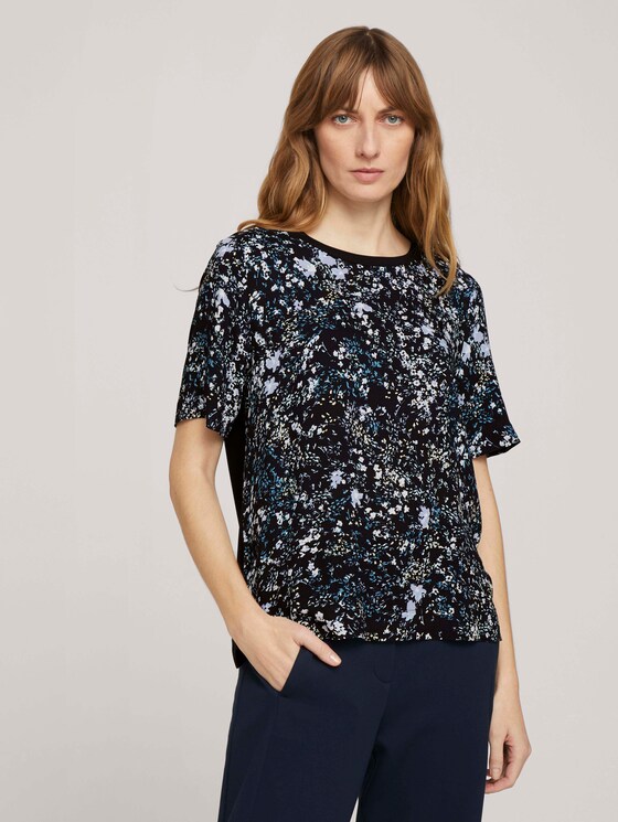 Loose Fit T-Shirt mit Stoffmix - Frauen - navy yellow flower design Loose Fit T-Shirt mit Stoffmix - Frauen - navy yellow flower design - 1 - TOM TAILOR