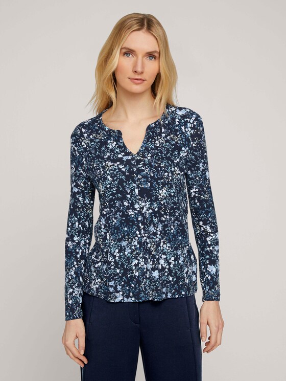 gemusterte Bluse mit Henleyausschnitt - Frauen - navy yellow flower design gemusterte Bluse mit Henleyausschnitt - Frauen - navy yellow flower design - 1 - TOM TAILOR