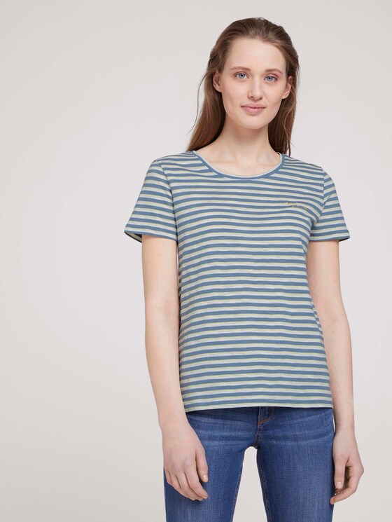 gestreiftes T-Shirt mit Bio-Baumwolle - Frauen - blue creme yellow stripe gestreiftes T-Shirt mit Bio-Baumwolle - Frauen - blue creme yellow stripe - 1 - TOM TAILOR Denim