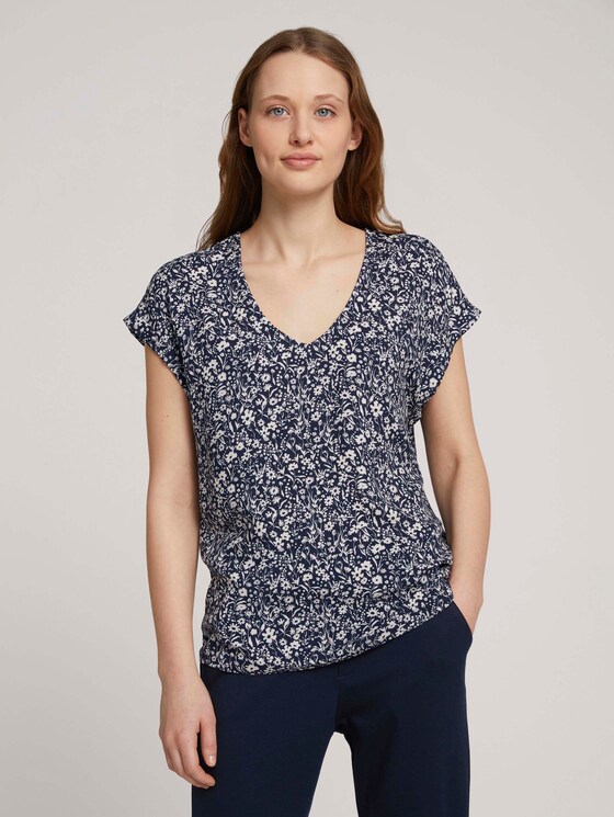 Gemusterte Kurzambluse aus nachhaltiger Viskose - Frauen - blue flower print Gemusterte Kurzambluse aus nachhaltiger Viskose - Frauen - blue flower print - 1 - TOM TAILOR Denim