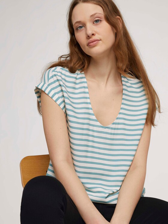 Gemusterte Kurzambluse aus nachhaltiger Viskose - Frauen - mineral blue white stripe Gemusterte Kurzambluse aus nachhaltiger Viskose - Frauen - mineral blue white stripe - 5 - TOM TAILOR Denim