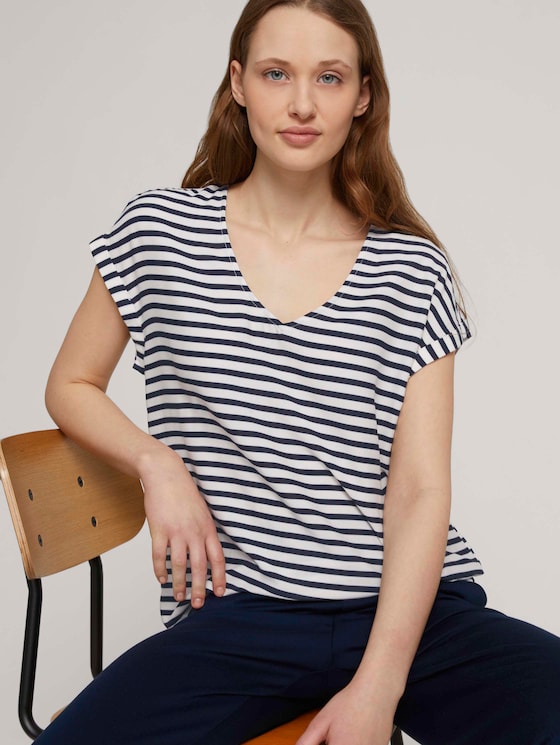 Gemusterte Kurzambluse aus nachhaltiger Viskose - Frauen - navy white stripe Gemusterte Kurzambluse aus nachhaltiger Viskose - Frauen - navy white stripe - 5 - TOM TAILOR Denim