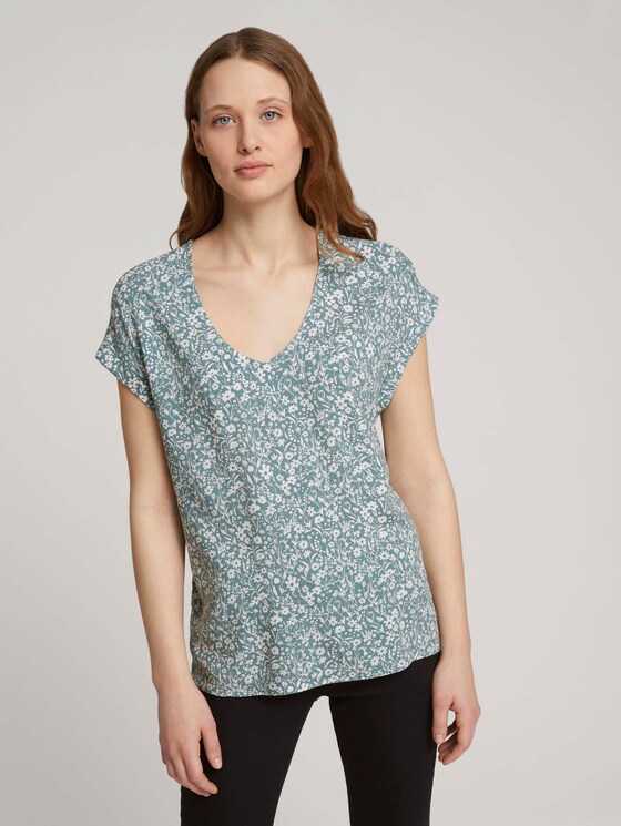 Gemusterte Kurzambluse aus nachhaltiger Viskose - Frauen - mineral blue flower print Gemusterte Kurzambluse aus nachhaltiger Viskose - Frauen - mineral blue flower print - 1 - TOM TAILOR Denim