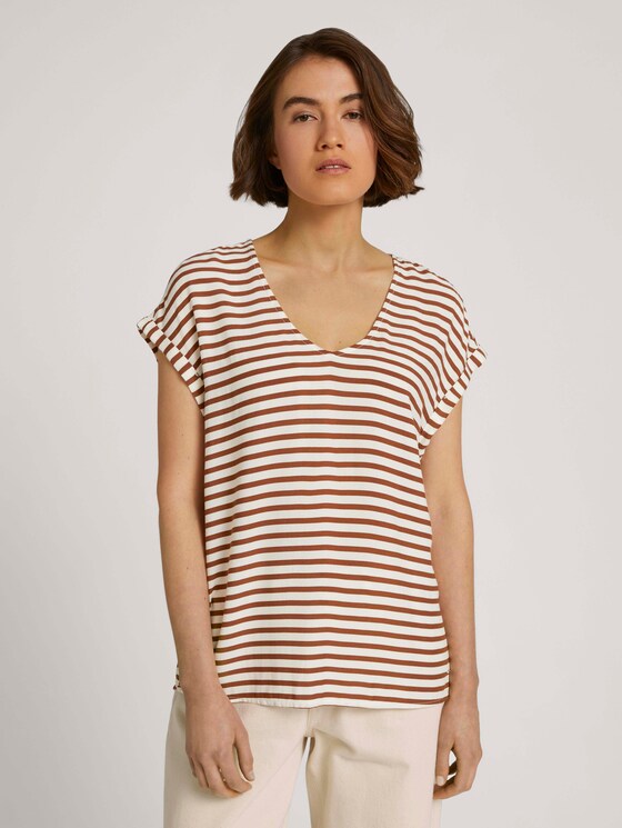 Gemusterte Kurzambluse mit LENZING™ ECOVERO™ - Frauen - white brown stripe Gemusterte Kurzambluse mit LENZING™ ECOVERO™ - Frauen - white brown stripe - 1 - TOM TAILOR Denim