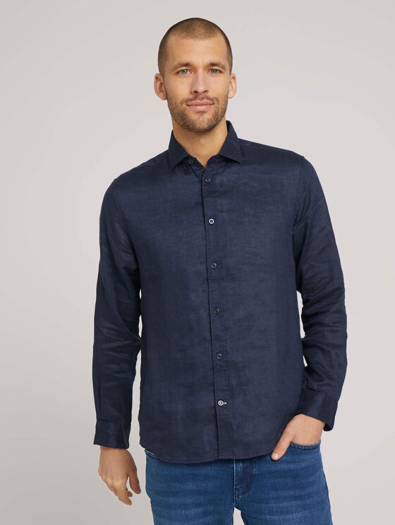 gemustertes Hemd mit Leinen - Männer - Navy Eclipse gemustertes Hemd mit Leinen - Männer - Navy Eclipse - 1 - TOM TAILOR