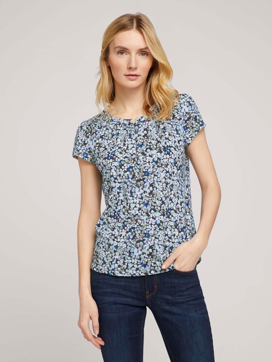 Henley T-Shirt mit Raffungen - Frauen - navy floral design Henley T-Shirt mit Raffungen - Frauen - navy floral design - 1 - TOM TAILOR
