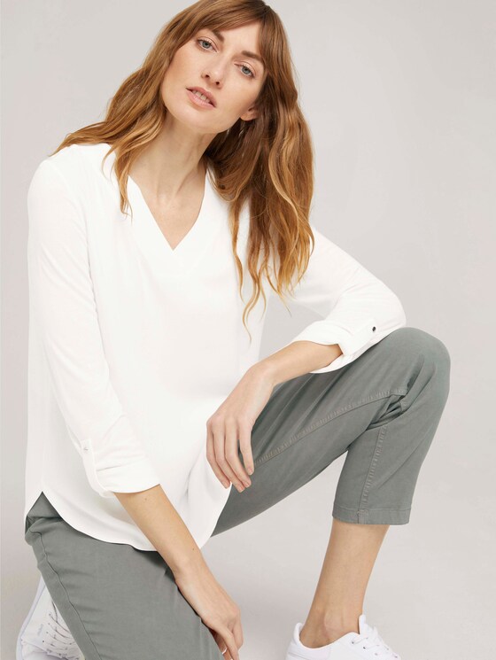 Langarmshirt mit V-Ausschnitt im Materialmix - Frauen - Whisper White Langarmshirt mit V-Ausschnitt im Materialmix - Frauen - Whisper White - 5 - TOM TAILOR