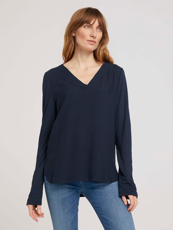 Langarmshirt mit V-Ausschnitt im Materialmix - Frauen - Sky Captain Blue Langarmshirt mit V-Ausschnitt im Materialmix - Frauen - Sky Captain Blue - 1 - TOM TAILOR