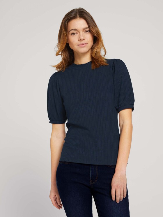 Ripp T-Shirt mit Ballonärmeln - Frauen - Sky Captain Blue Ripp T-Shirt mit Ballonärmeln - Frauen - Sky Captain Blue - 1 - TOM TAILOR Denim