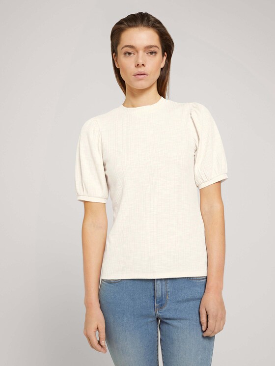 Ripp T-Shirt mit Ballonärmeln - Frauen - soft creme beige Ripp T-Shirt mit Ballonärmeln - Frauen - soft creme beige - 1 - TOM TAILOR Denim