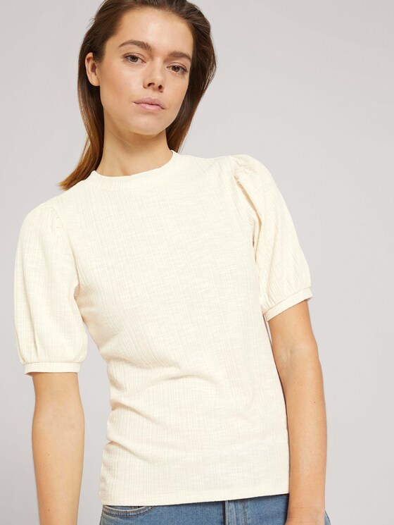 Ripp T-Shirt mit Ballonärmeln - Frauen - soft creme beige Ripp T-Shirt mit Ballonärmeln - Frauen - soft creme beige - 5 - TOM TAILOR Denim